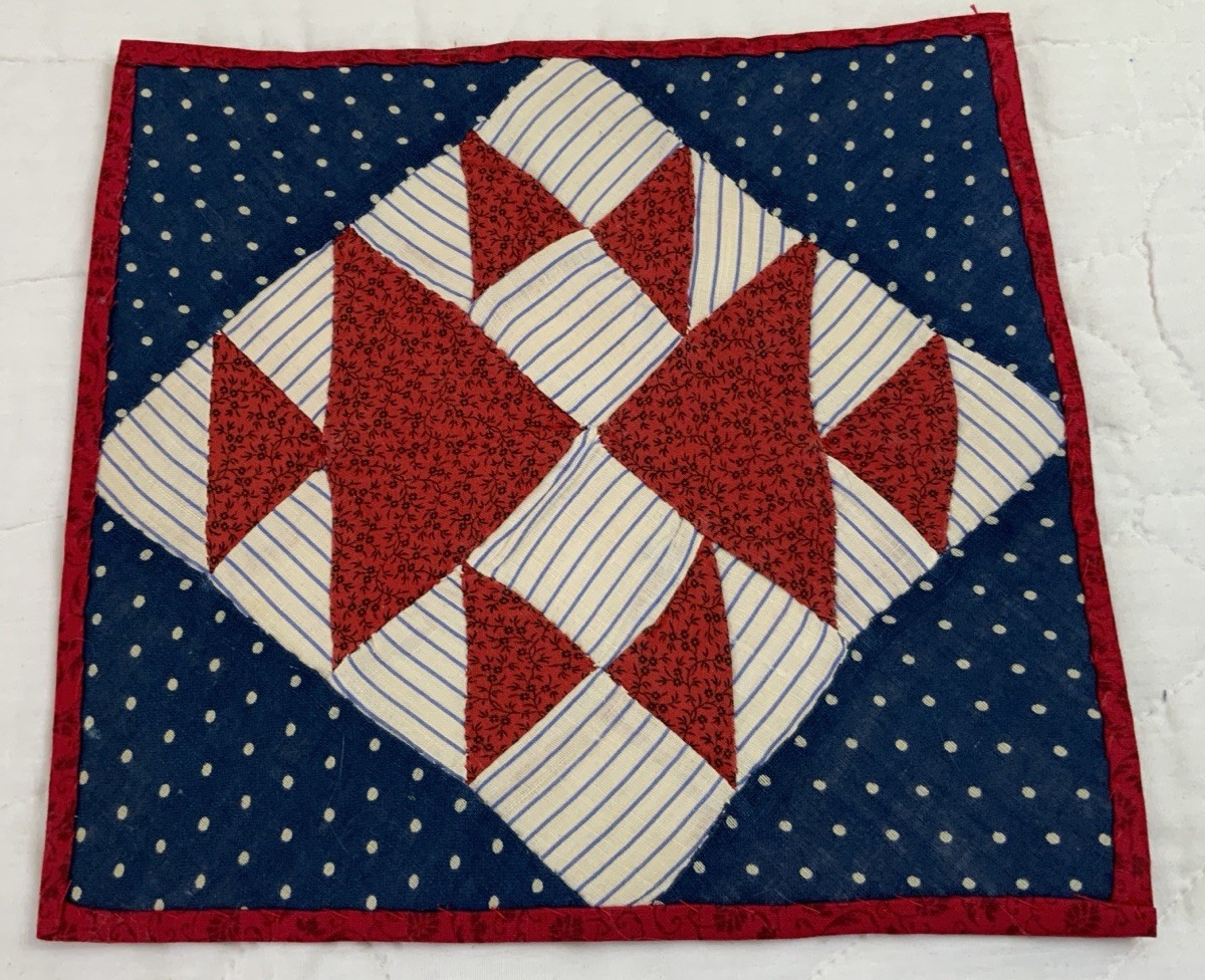 Antique Vintage Patchwork Quilt Table Topper, Four Patch W/ Triangles, Red, Navy
