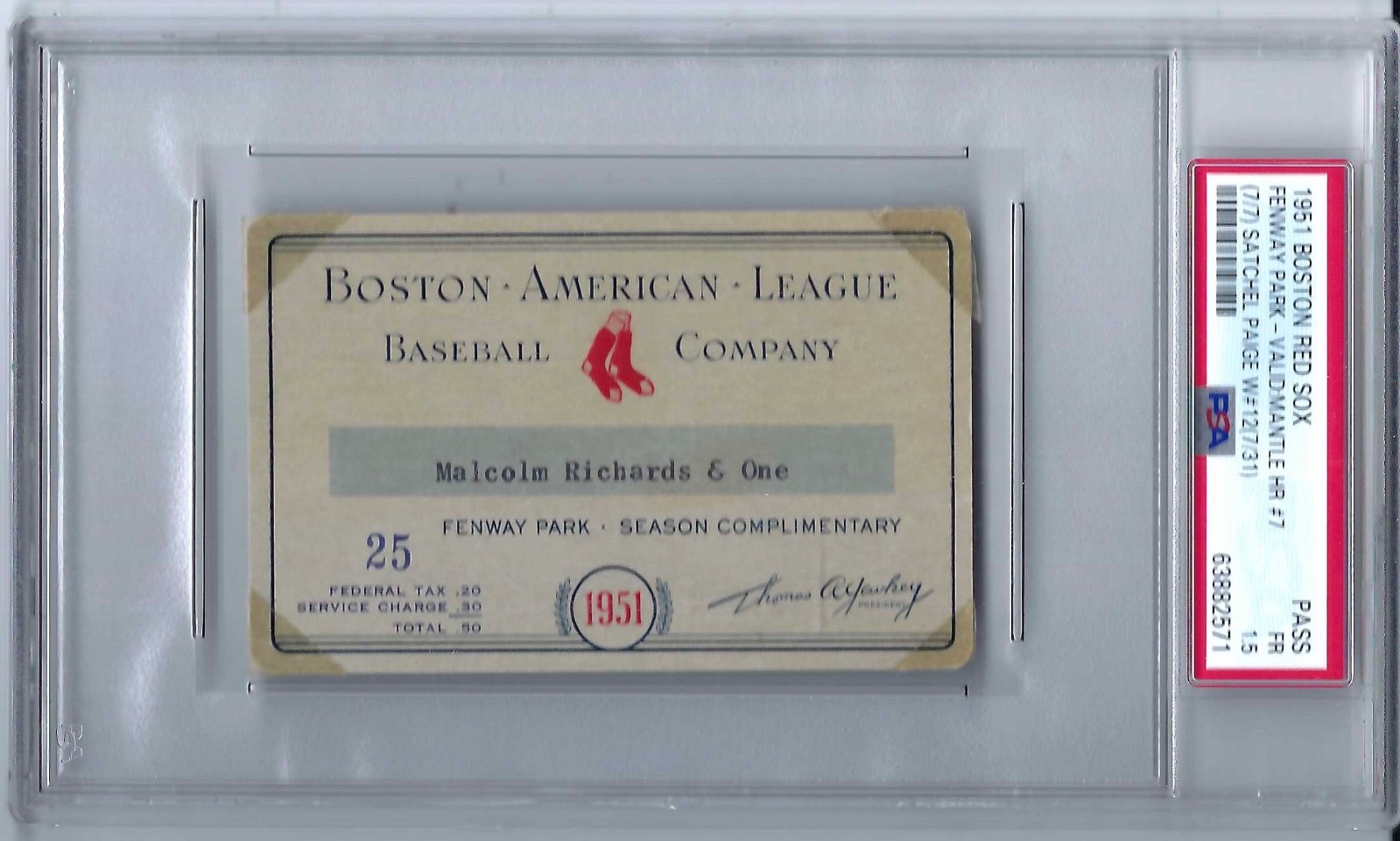1951  Red Sox Season Ticket Pass Mickey Mantle HR Satchel Paige Win PSA Highest