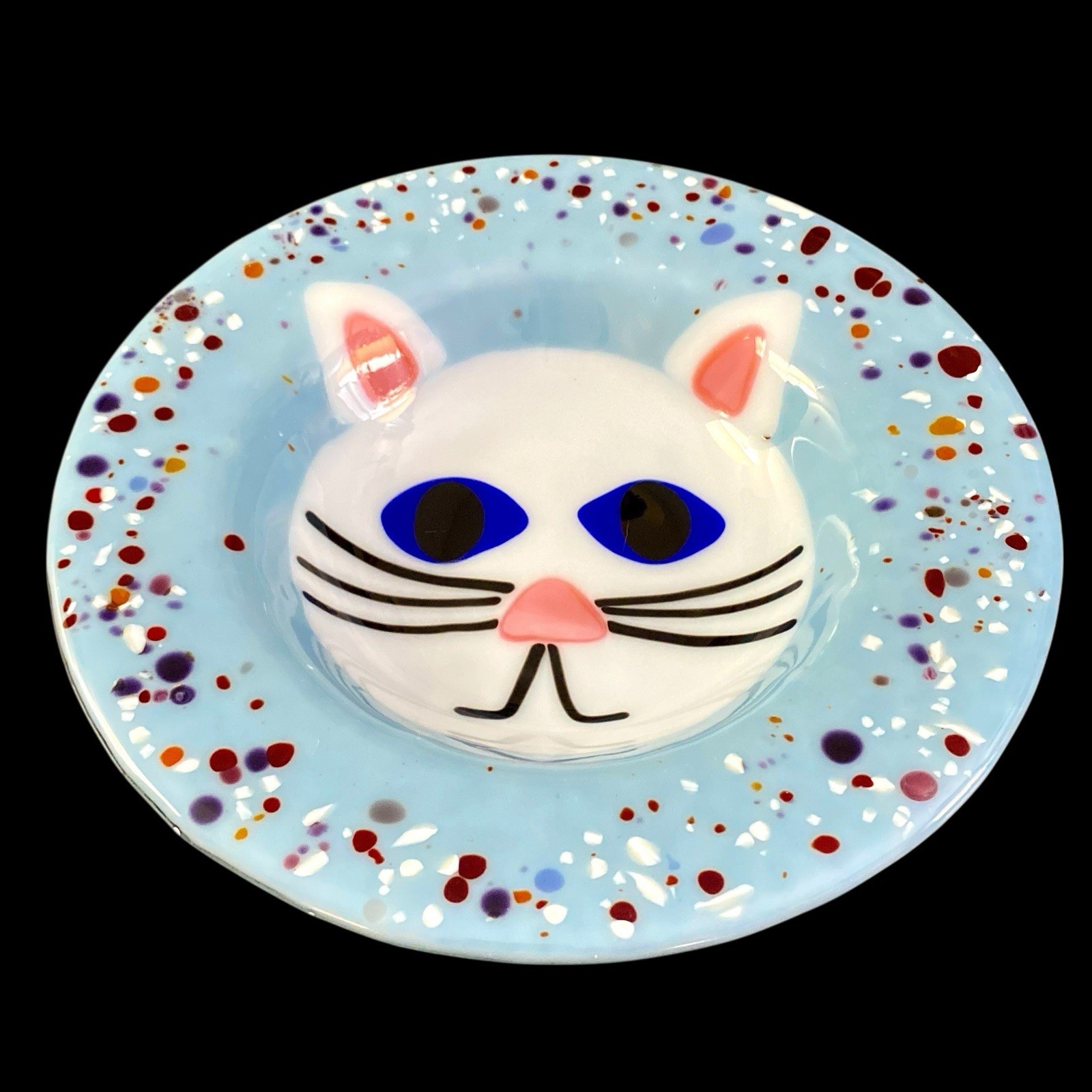 White Cat Fused Glass Bowl Kitten Artisan Whimsical Unique Blue Art 9.5” READ