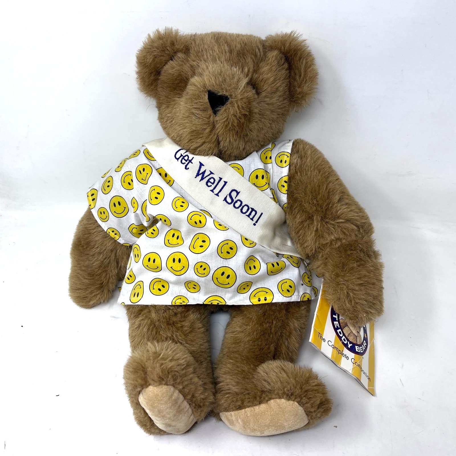 Vermont Teddy Bear Get Well Soon 16" Jointed Plush Smiley Face Gown Sash tag