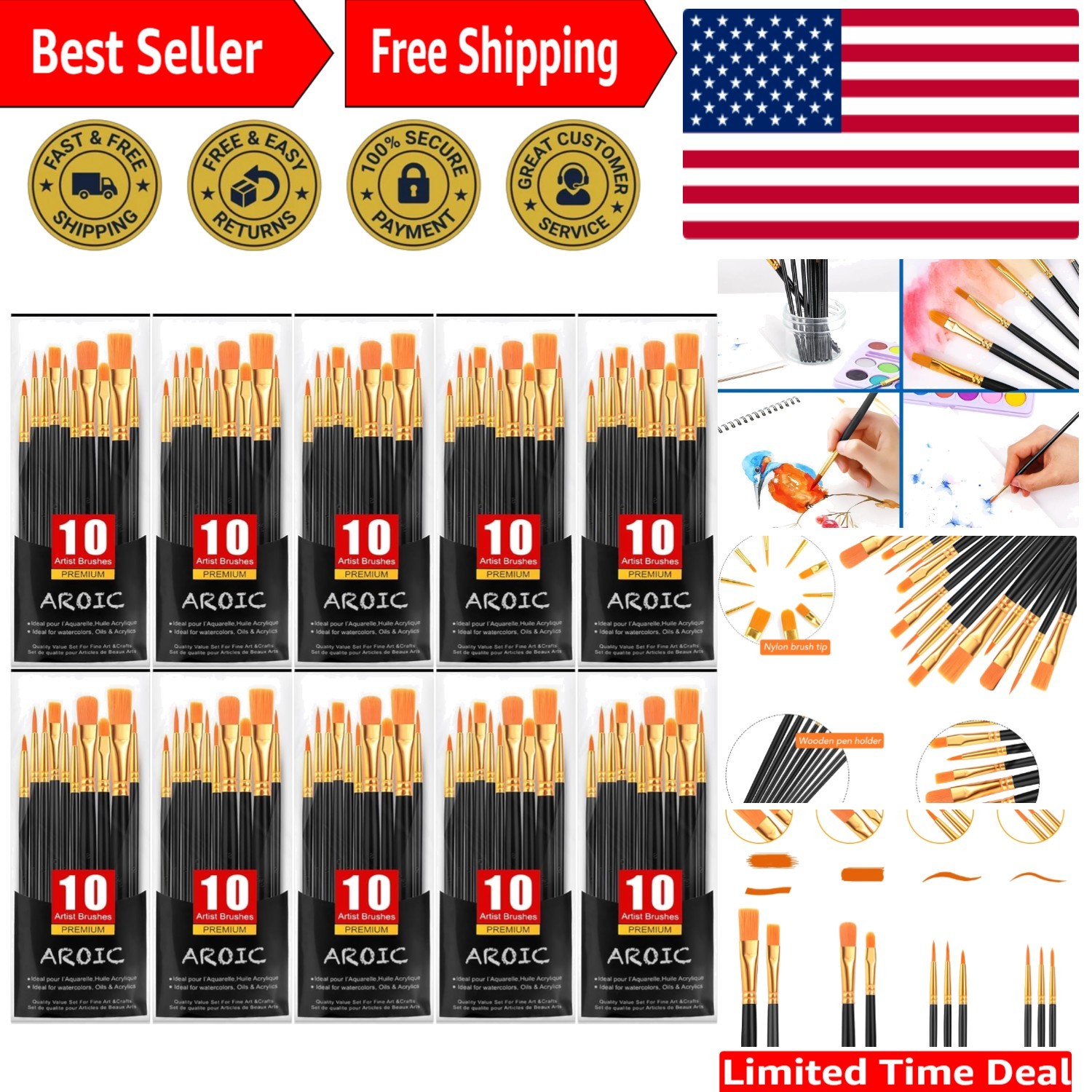 Paint Brush Set, 10 Pack 100 Pcs Acrylic Paint Brushes Artist Paint Brushes f...