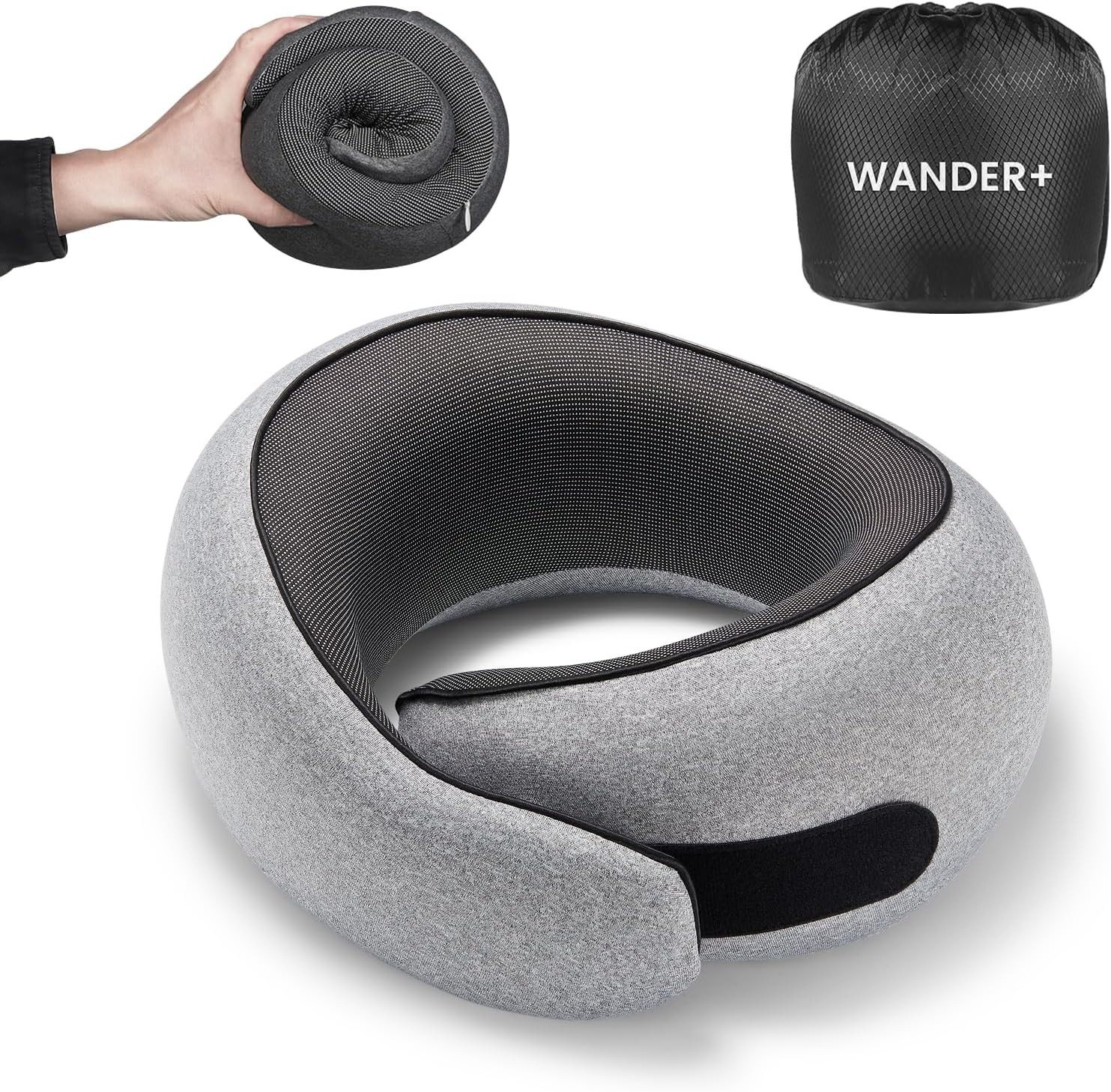WANDER PLUS Memory Foam Support Neck Travel Pillow In Drawstring Bag EUC