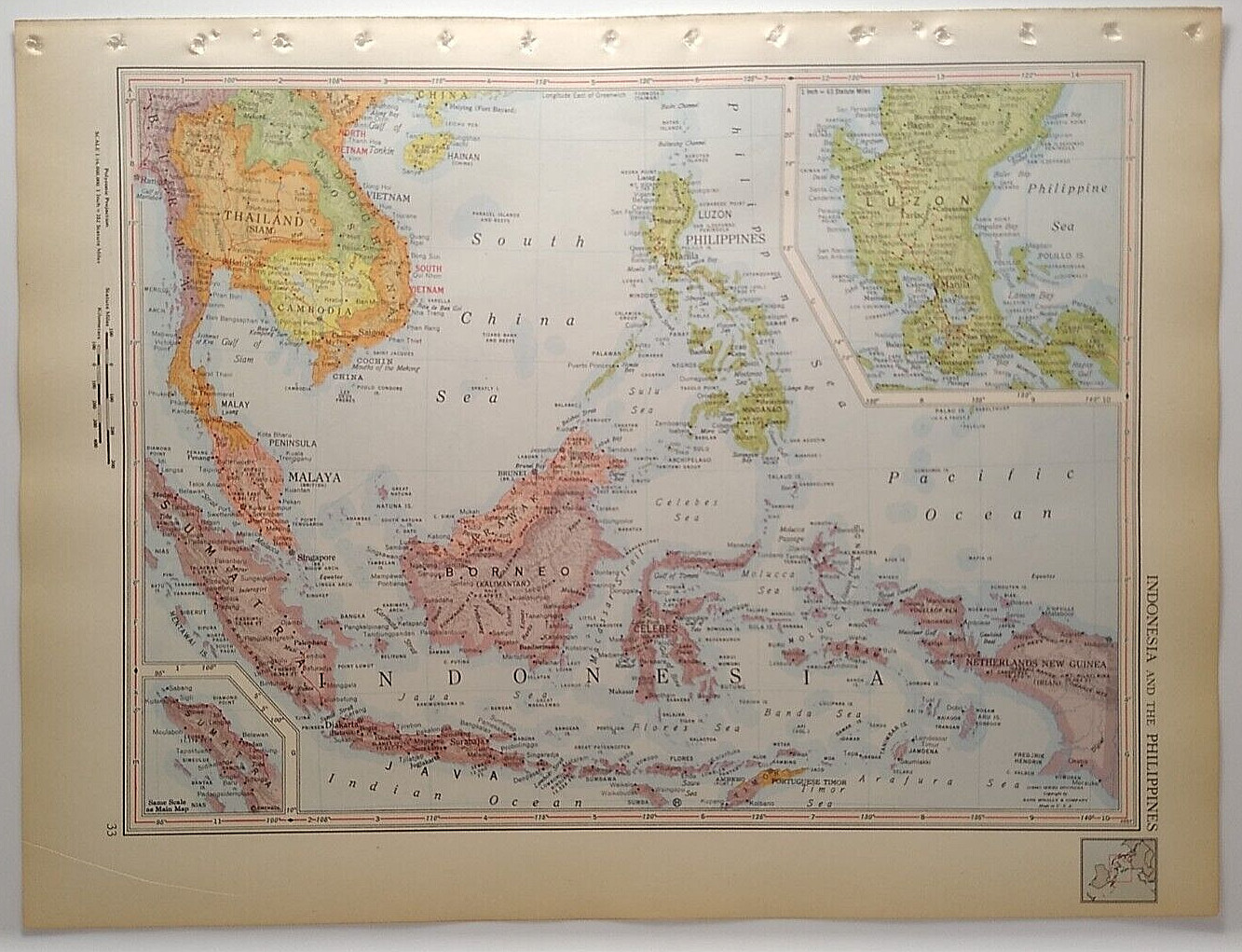 1957 Antique INDONESIA & PHILIPPINES Atlas Map - Ency. Britannica World Atlas