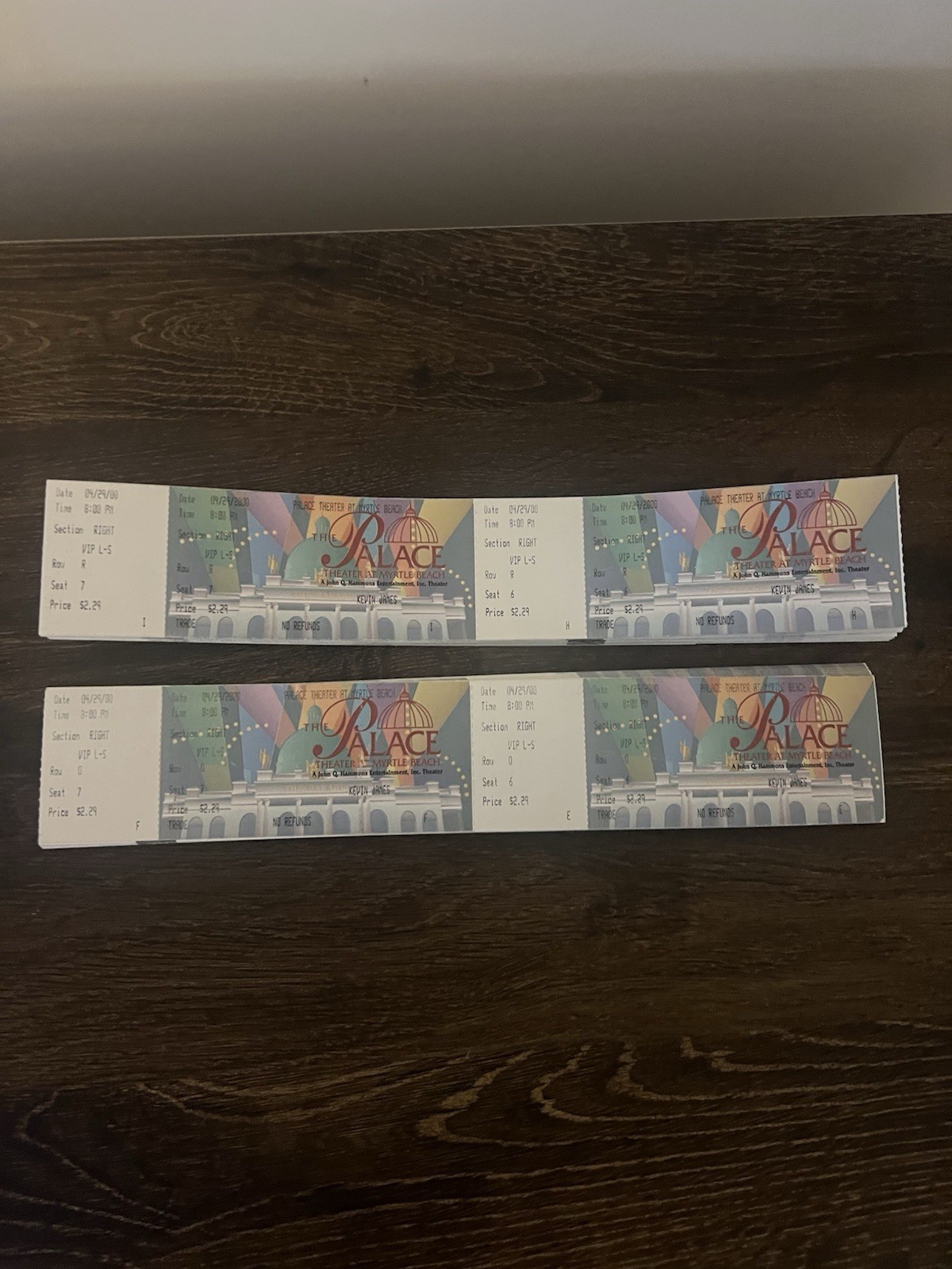 Comedian Kevin James 119 never used tickets on 04/29/00 in Myrtle Beach SC