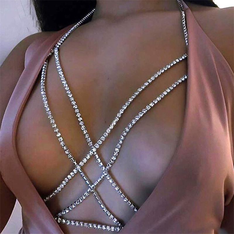 Rhinestone Necklace Harness Crystal Chest Body Chain Beach Bikini Bra Jewelry