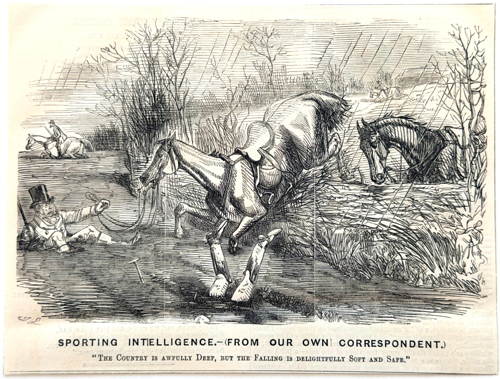 1852 Fox Hunting Horse Fall Sporting Humor Wood Engraving Victorian Punch