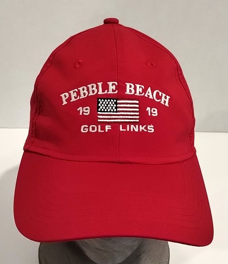 Pebble Beach Golf Links 1919 Red Strapback Hat Cap USA Flag Ahead Lightweight