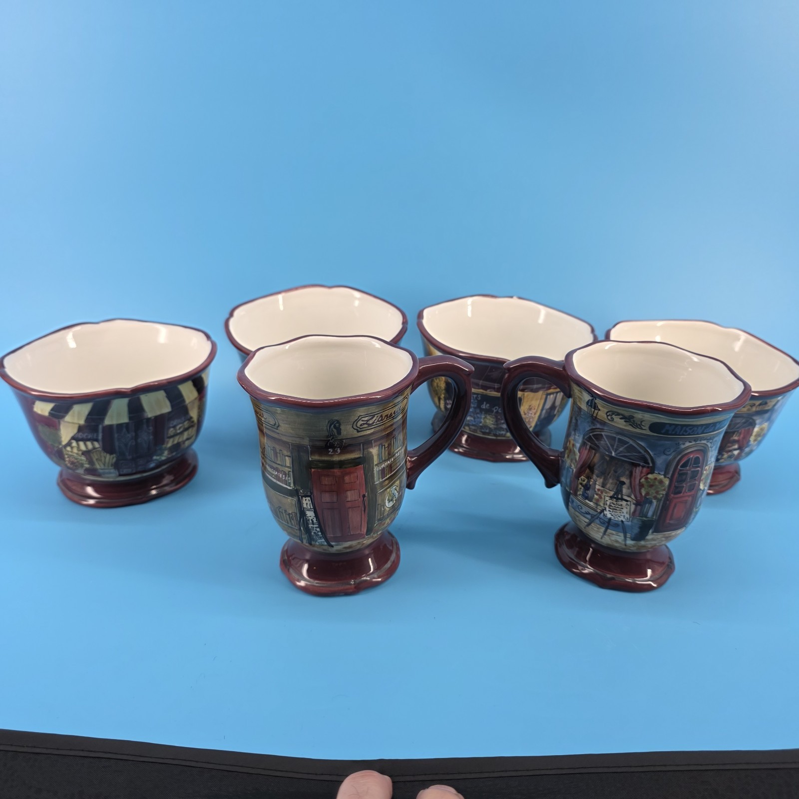 Certified International Kate McRostie French Blvd 2 Footed Coffee Mugs 4 Bowls