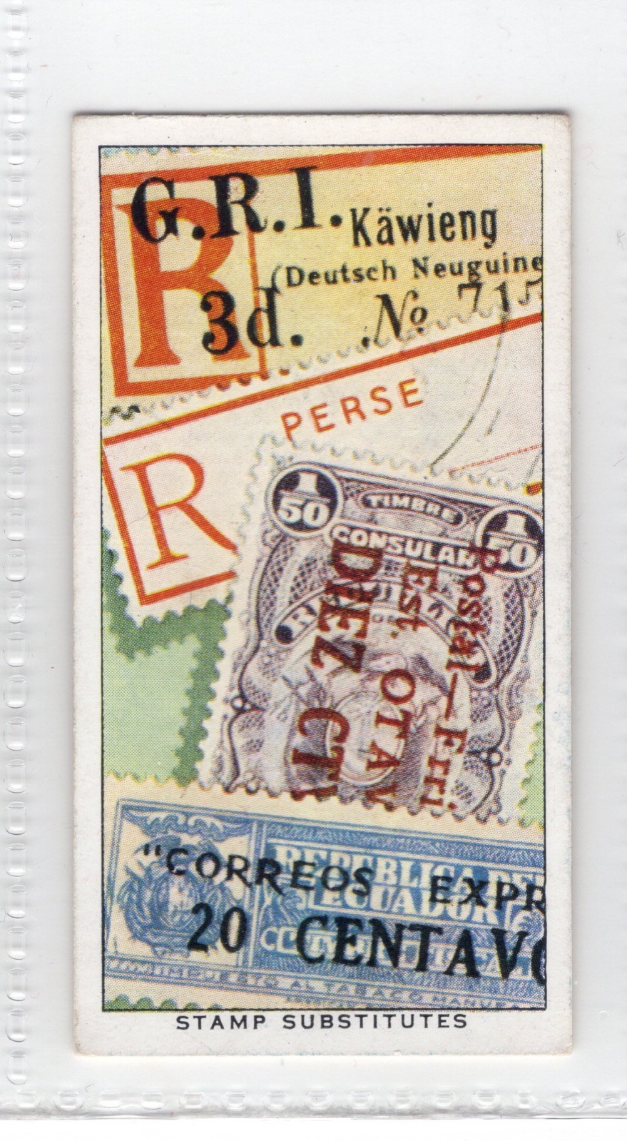 Cigarette Card featuring Postage stamp. Stamp substitutes