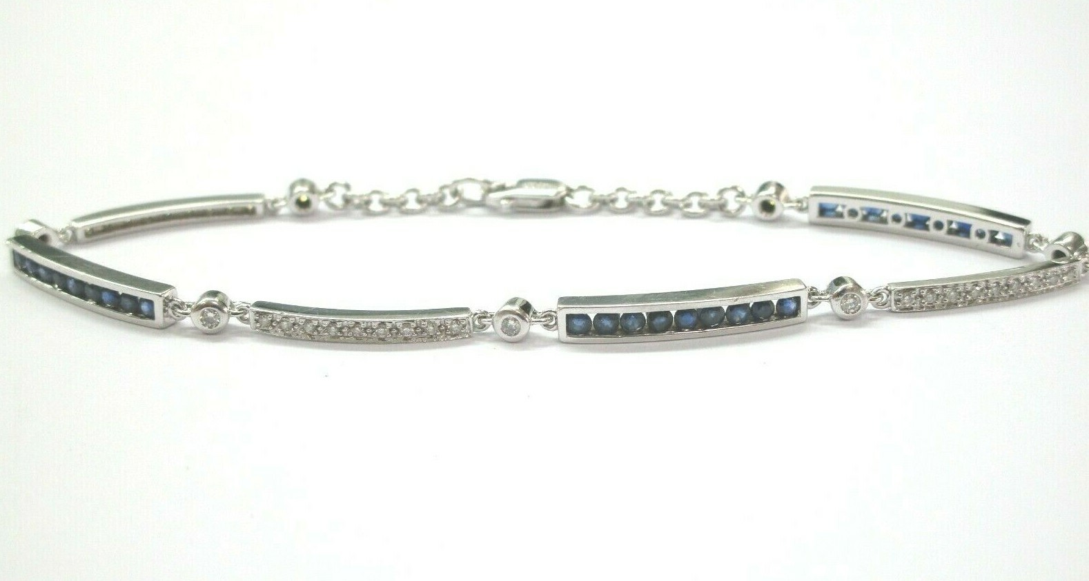 Blue Sapphire & Diamond Bar Tennis Bracelet 14Kt White Gold 7" 1.25Ct
