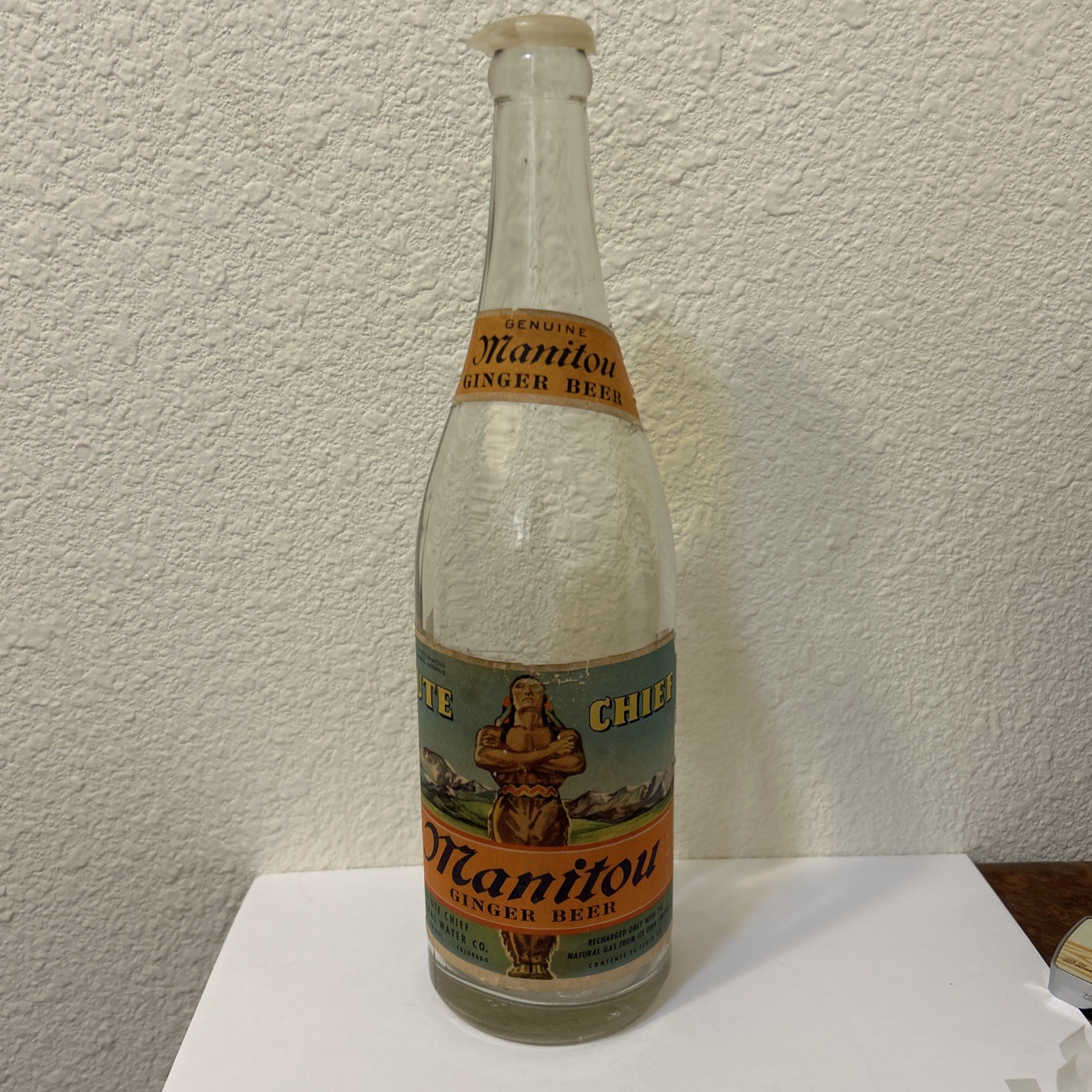 Rare 1946 Manitou Ginger Beer Bottle Ute Chief Mineral Water Co Colorado 24oz 