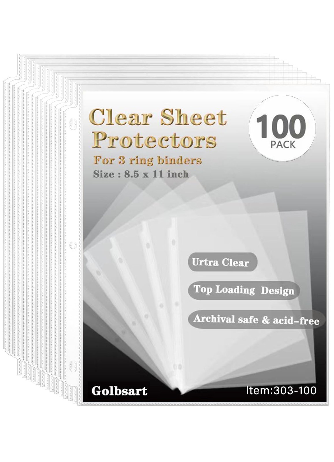 Sheet Protectors 8.5 x11 Inch, 100 Pack Page for 3 Ring Clear 