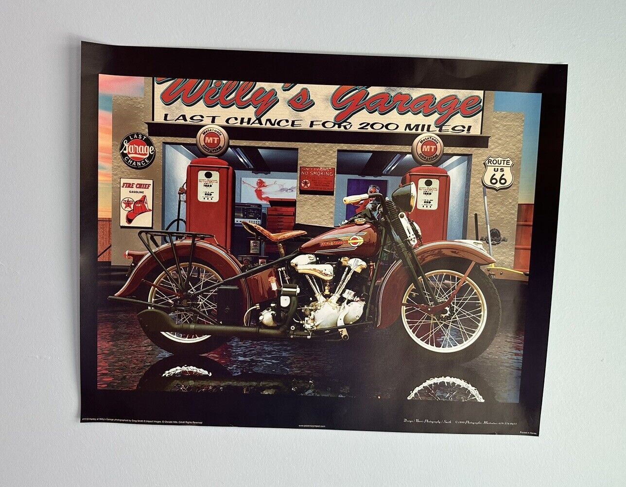 Harley Davidson Willey’s Garage Vintage Motorcycle Route 66 Art Print 60”X20”