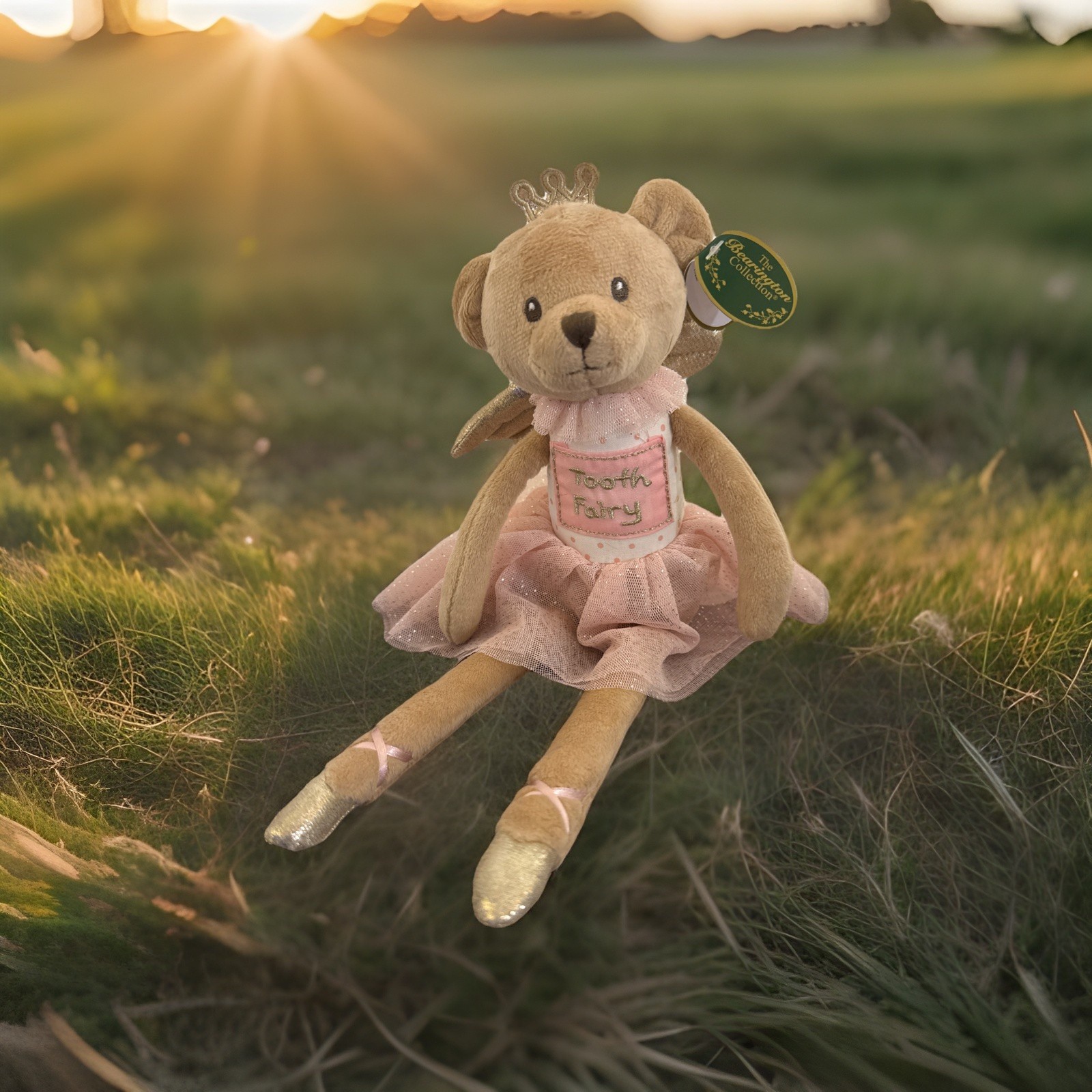 Bearington Collection Tooth Fairy Princess Bear Sparkles 14in Front Pocket Pink