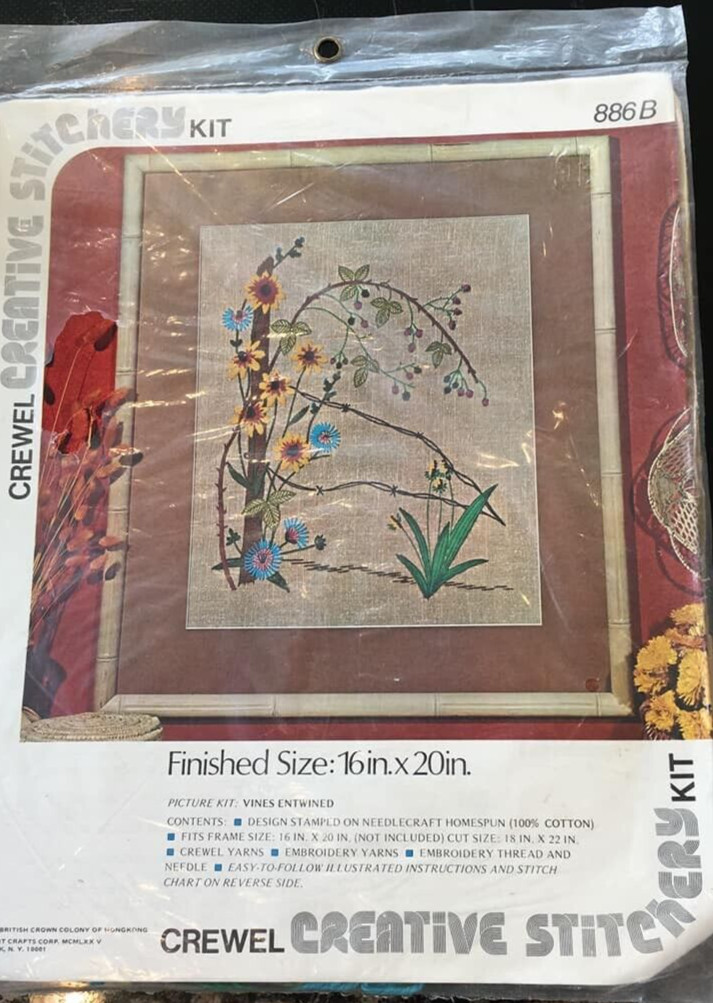 Vintage Creative Stitching 886B Crewel Embroidery Kit Flowers fence post 16x20