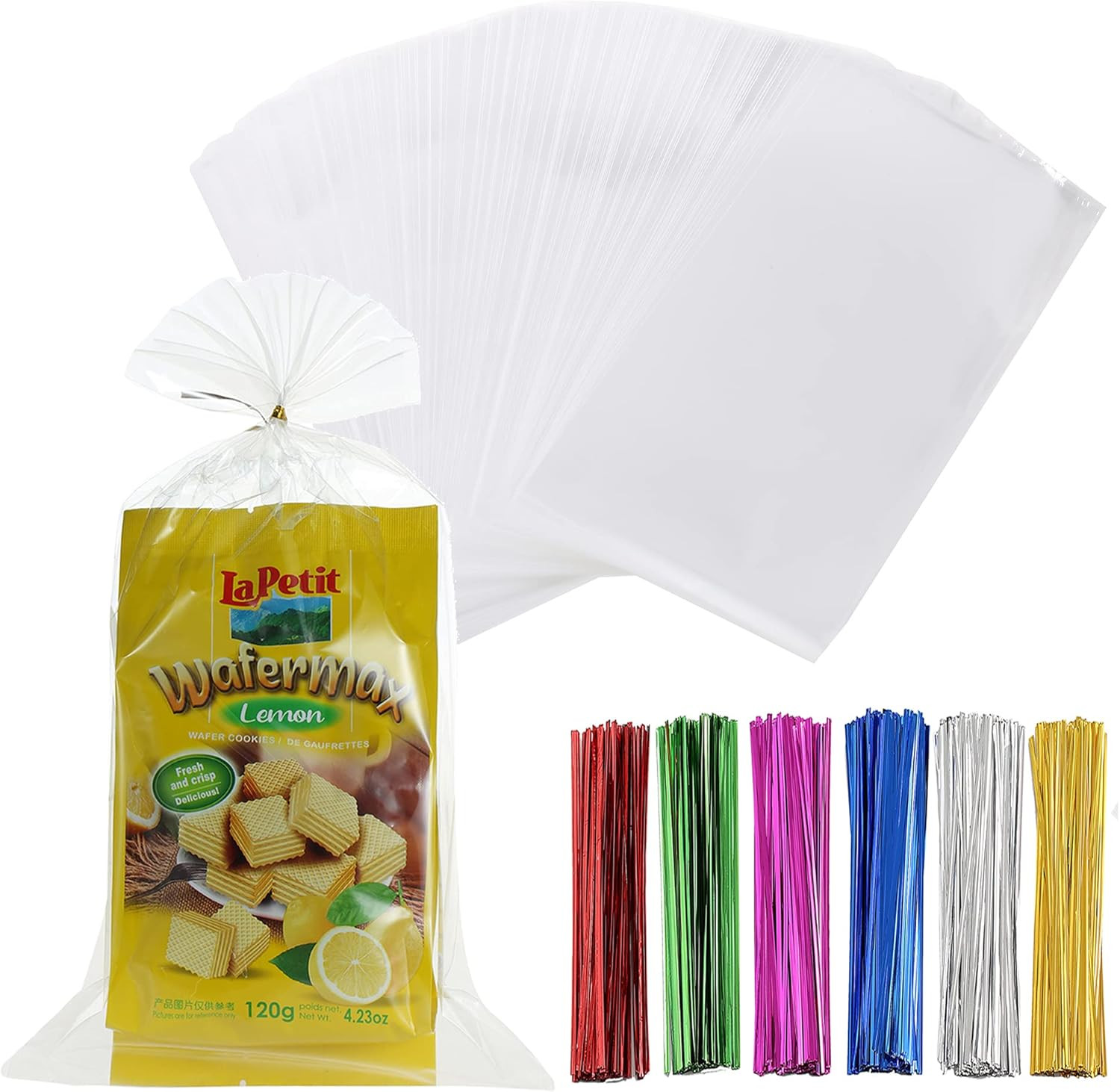 200 Pcs 7" x 12" Clear Thick Cello Treat Bags Flat Cellophane Bags With 6 Colors