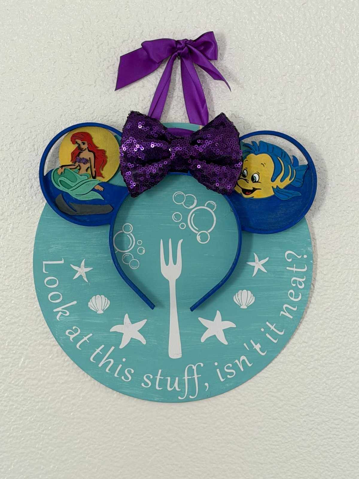 Hand‐Painted Little Mermaid Sign with 3D Minnie Ears – Ariel & Flounder