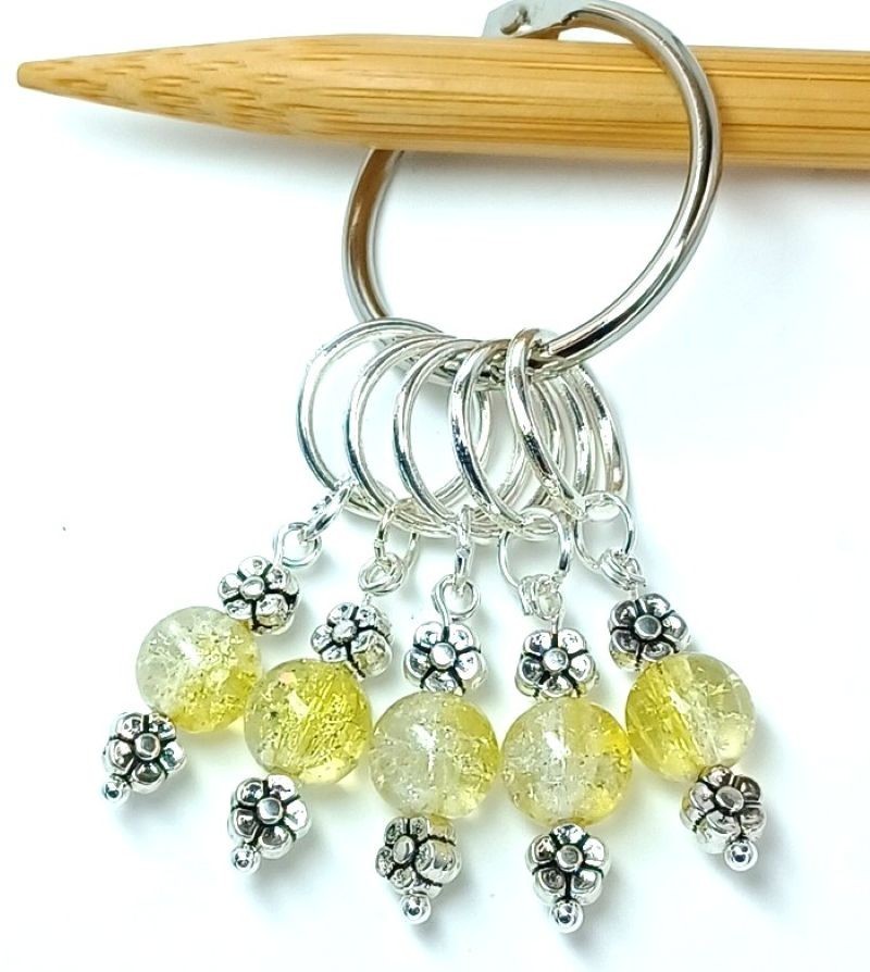 MikieLou Stitch Markers Premium Yellow Crackle Glass Flowers Knitting Crochet