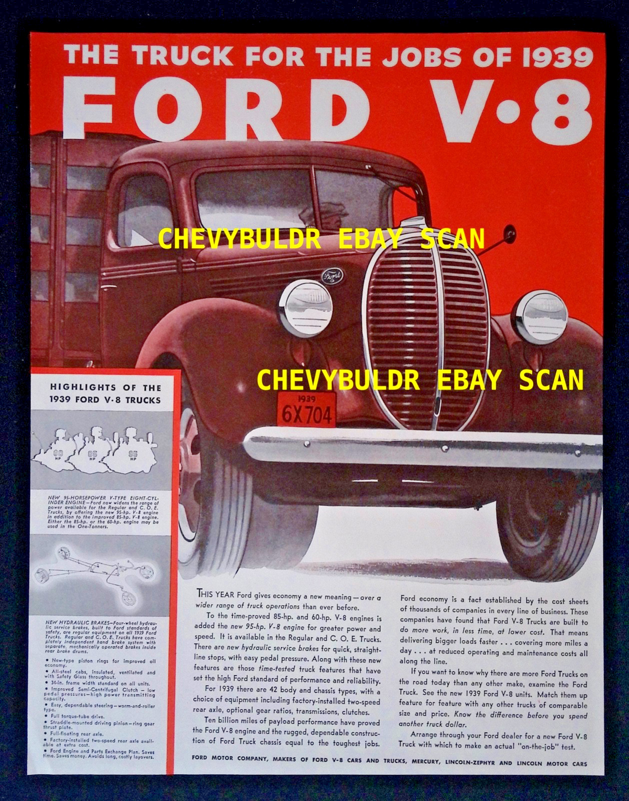 1939 Ford V-8 Trucks Vintage Large Ad "The Truck for the Jobs of 1939"