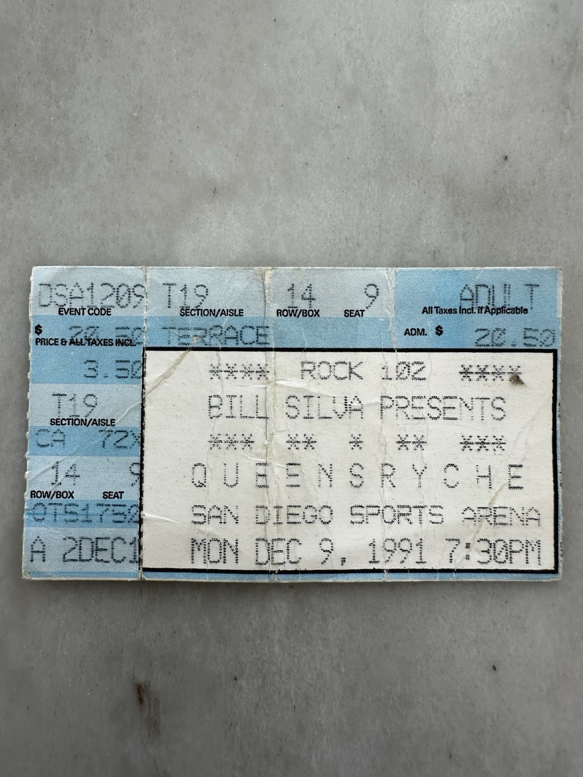 December 9th 1991 QUEENSRYCHE VTG CONCERT TICKET SAN Diego Sports Arena