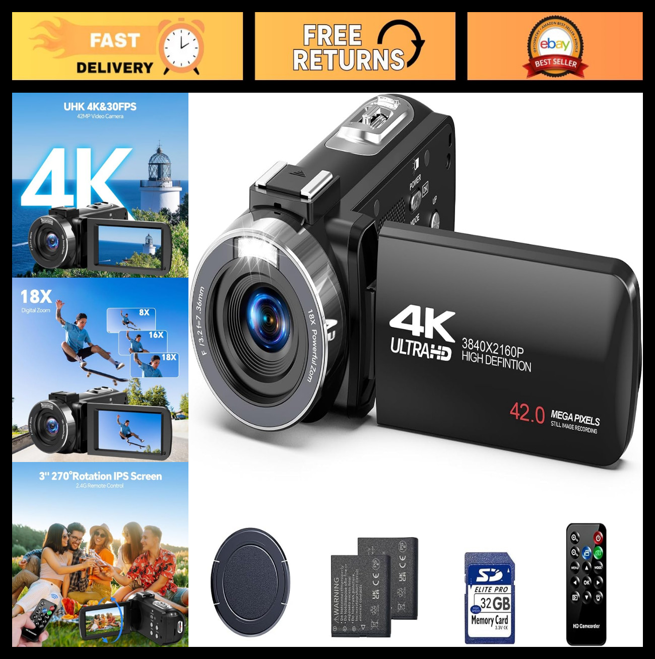 4K Digital Camcorder for Vlogging, 42MP, 3" Rotating Screen, 18X Zoom, 2 Batteri