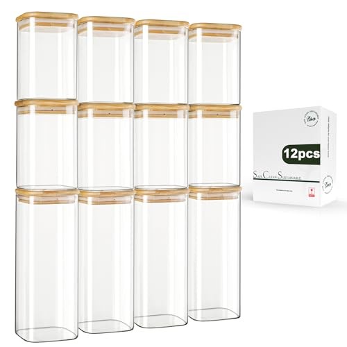  12-Pack Square Glass Storage Jars with Bamboo Lids 12 pcs - Rectangular