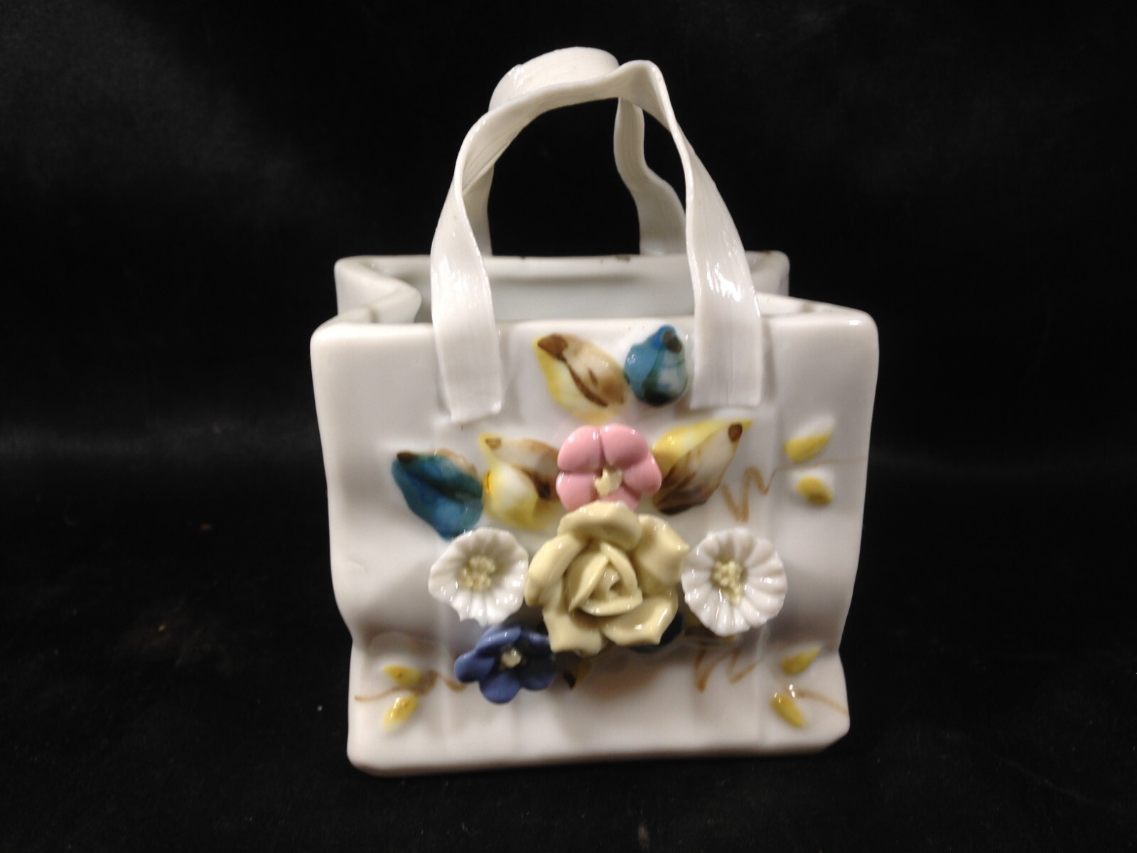 Vintage Porcelain Shopping Gift Bag Trinket Box Affixed Flowers