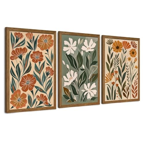  3 Piece Boho Floral Canvas Wall Art, Green Beige Flower 16"L x 12"W Abstract