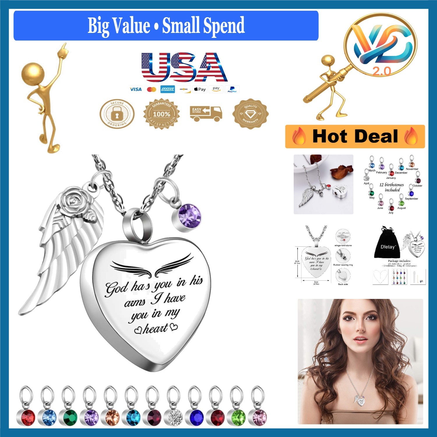 Heart Cremation Necklace for Ashes with 12 Birthstones Stainless Steel 22 Inc...