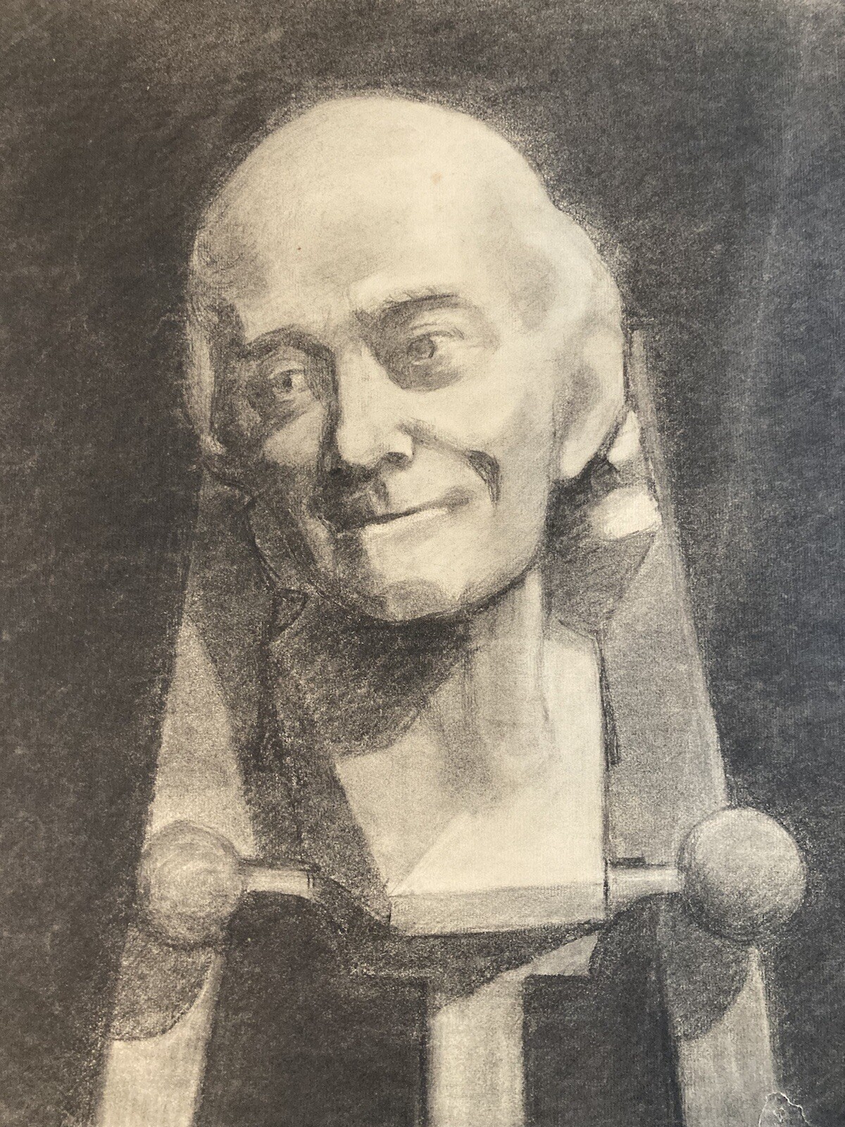 Very Nice Drawing Charcoal Xixth Head Bust On Horse ￼ T Man Voltaire Houdo Art
