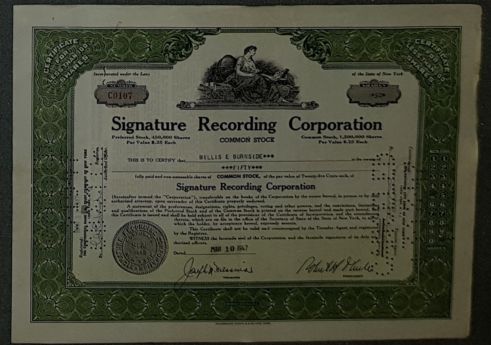 Signature Recording Corporation USA 1947 50 Shares Piece Number C0107