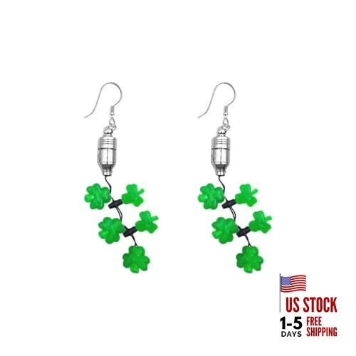  Irish Shamrock Dangle Earrings Light-Up LED Green Lucky Clover Four Leaf Drop 