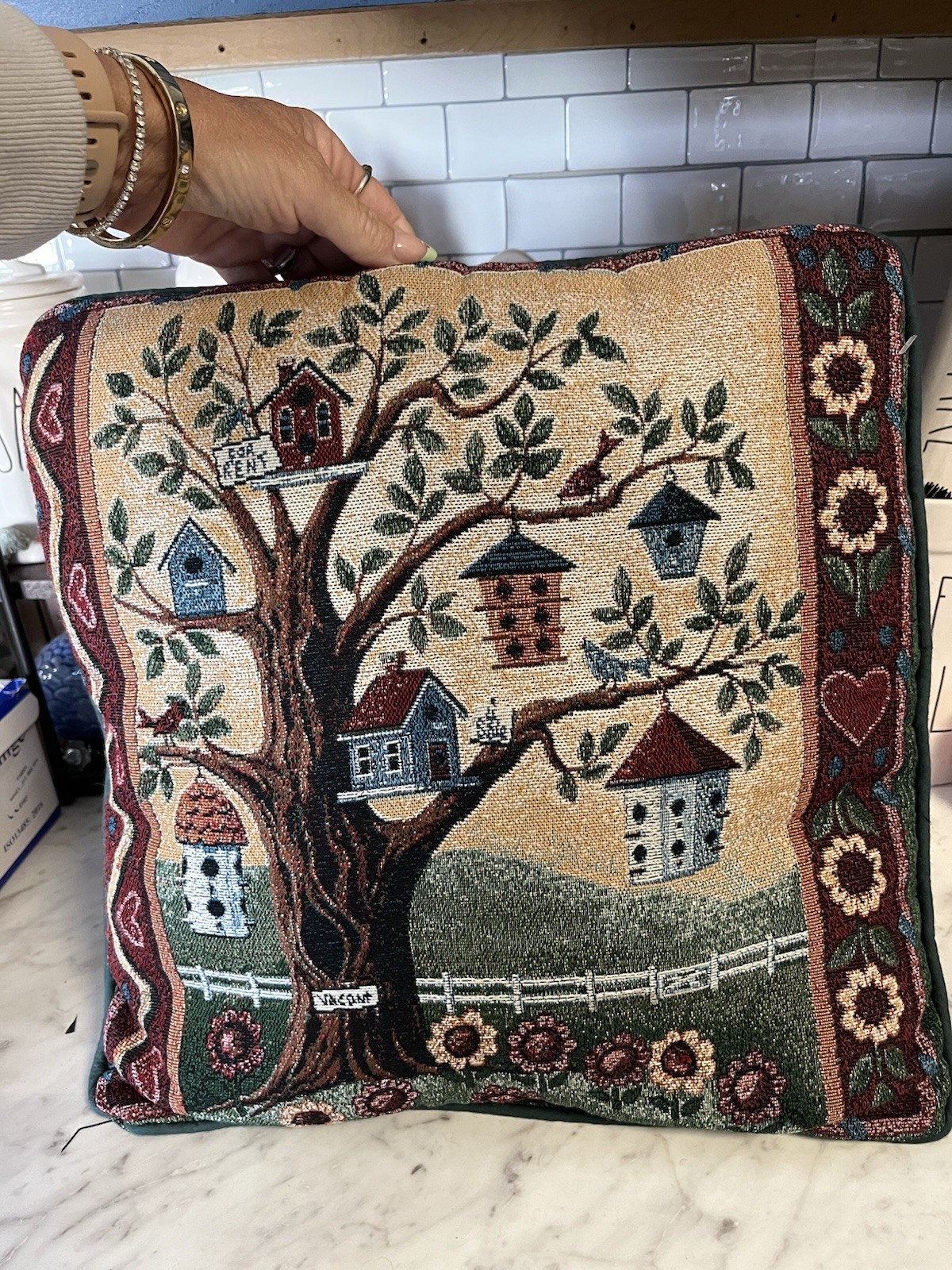 Vintage Bird House Double Sided Tapestry Throw Pillow 15" x 15"