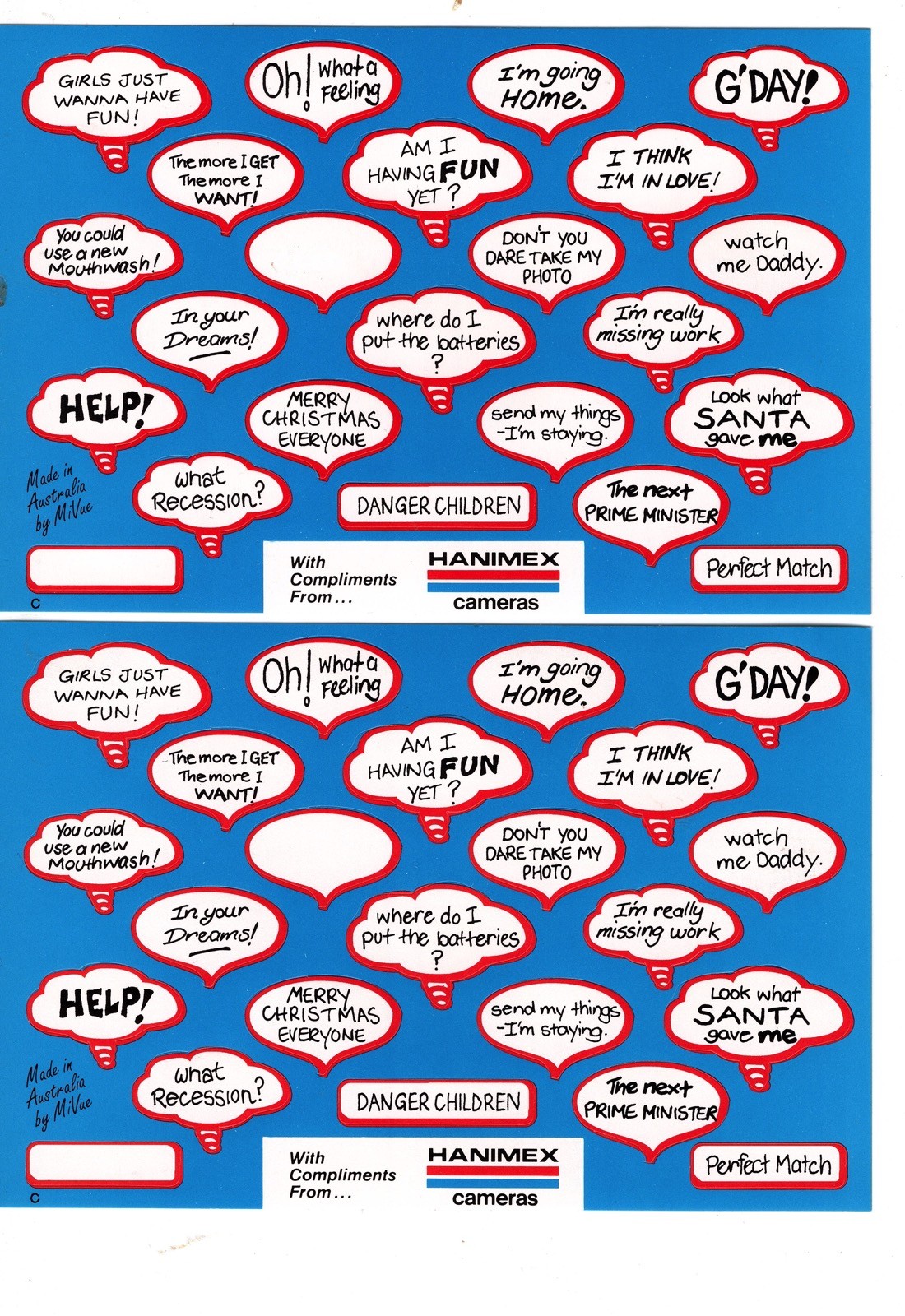 Australian Stickers 1970s. Hanimex Cameras