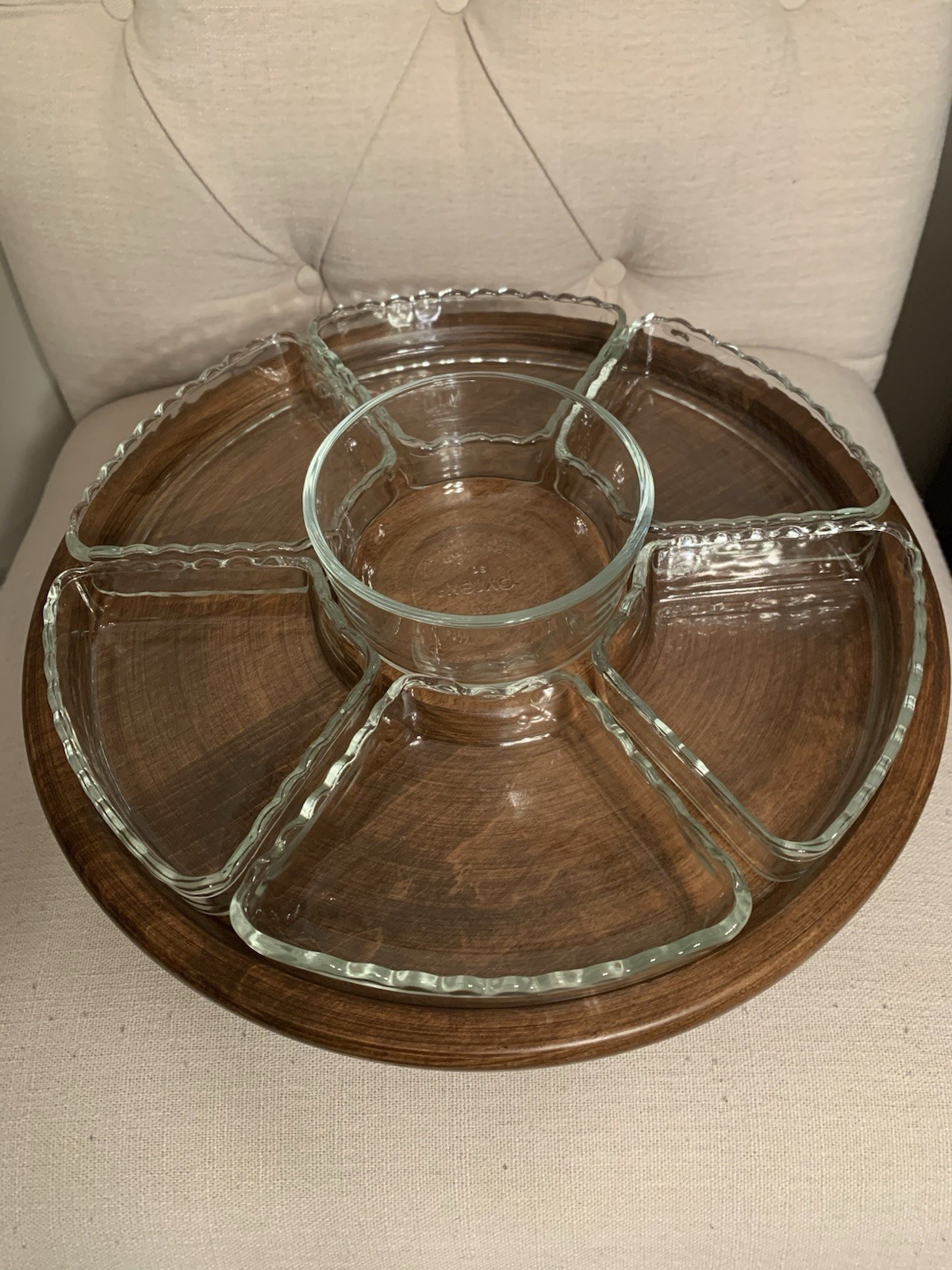 Kustom Kraft Black Walnut Wood Lazy Susan W/Center Bowl & 6 Condiment Dishes