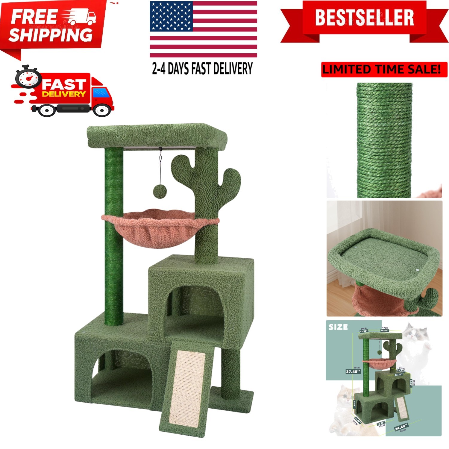 37.4" Cactus Cat Tree Tower with Twin Cat Condos for Indoor Cats, All-in-One ...