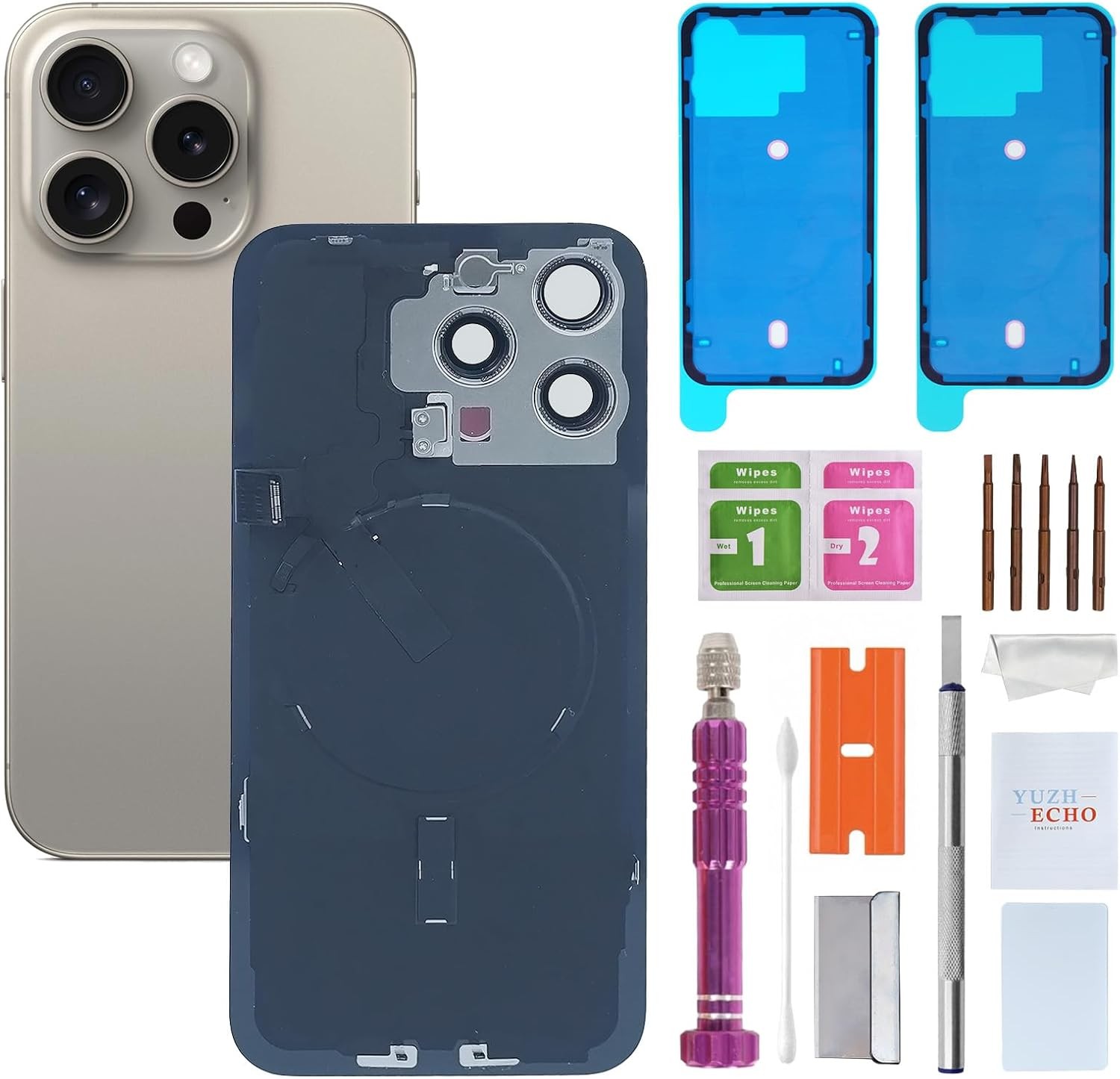 Back Glass Replacement for iPhone 15 Pro Max 6.7 inches Natural Titanium