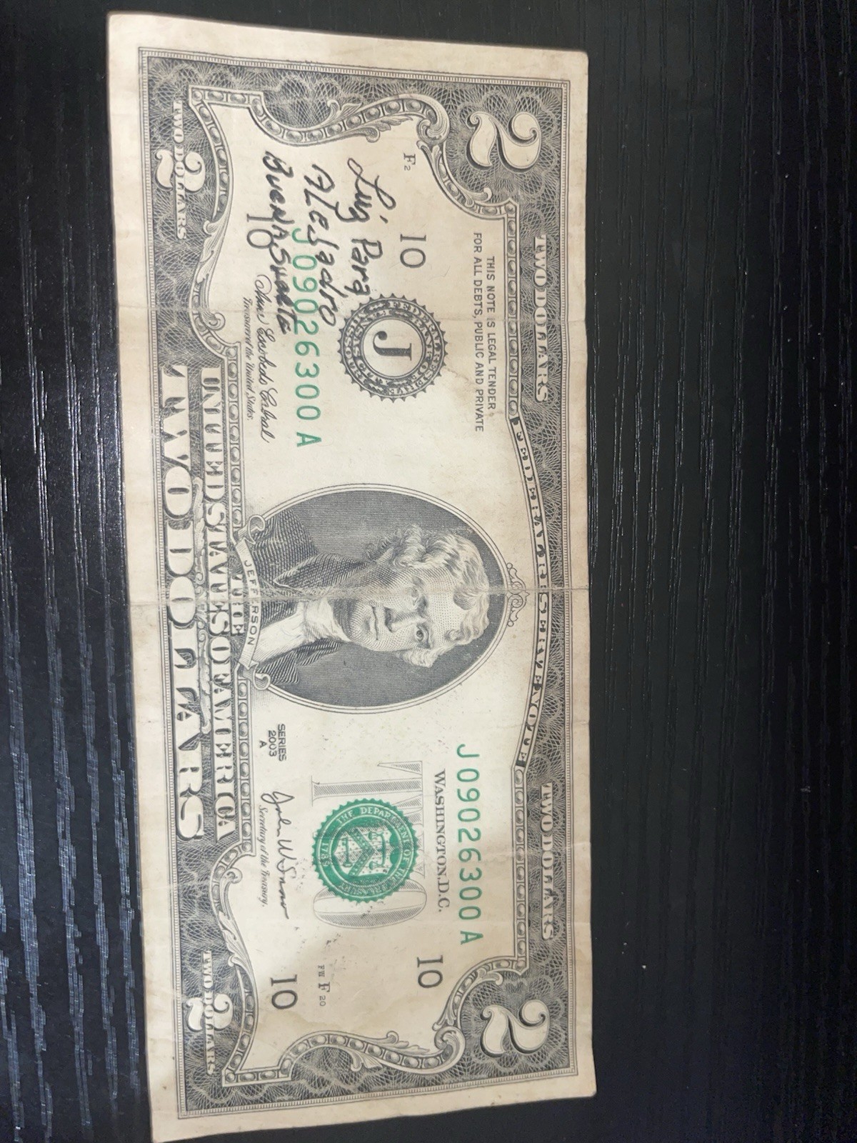 United States 1976 $2 Small Size Note Green Seal Circulated J9026300A