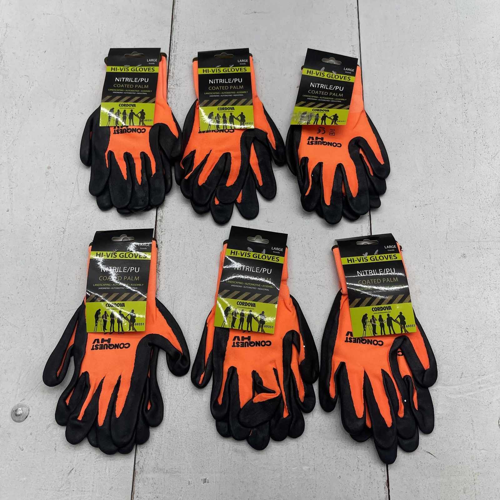 Lot 6 Cordova Hi-Vis Nitrile/PU Coated Palm Work Gloves Large Orange Safety