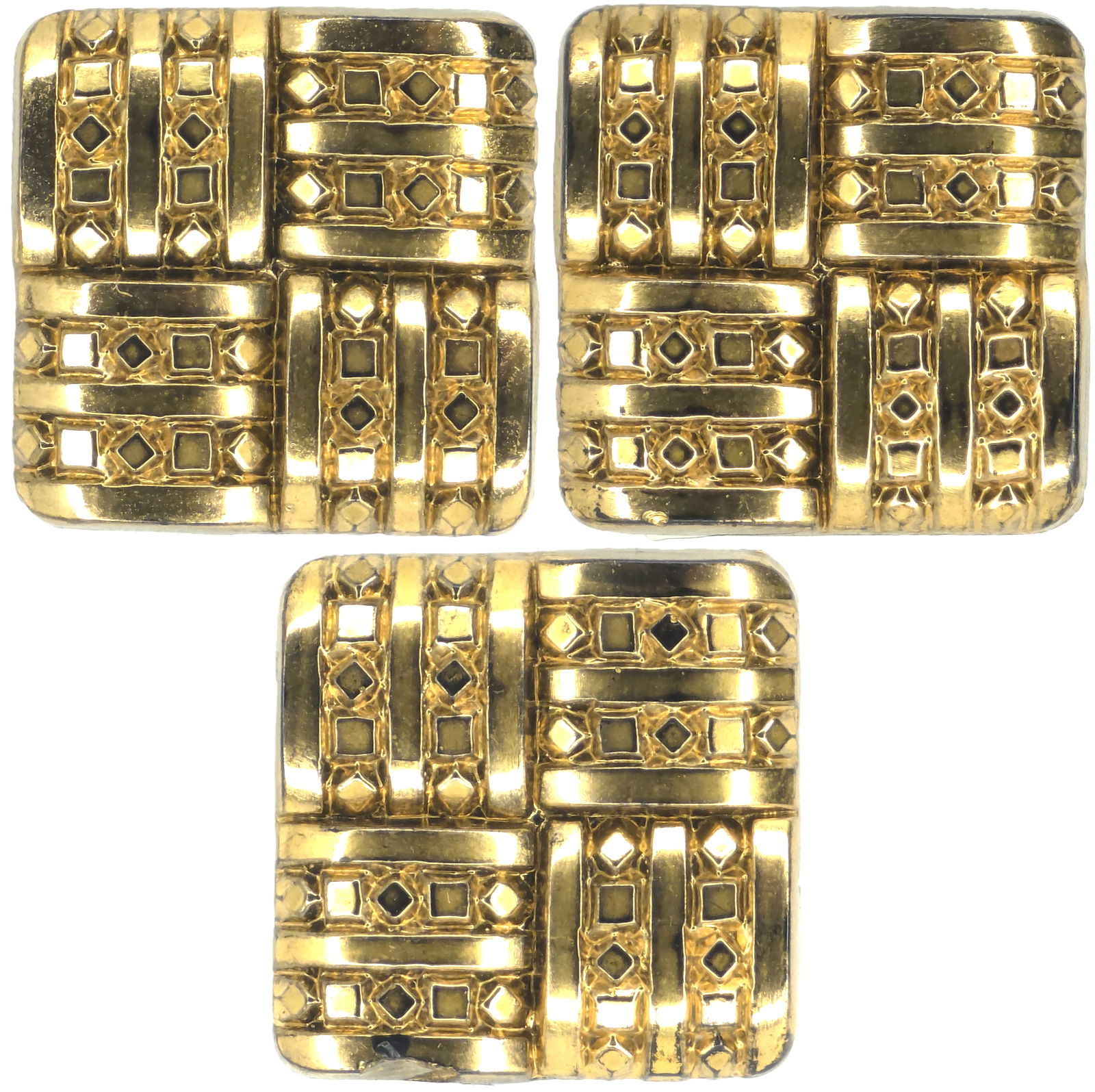 C1920-40s Vintage Square Black Glass Gold Geometric Basket Weave Button LOT 3