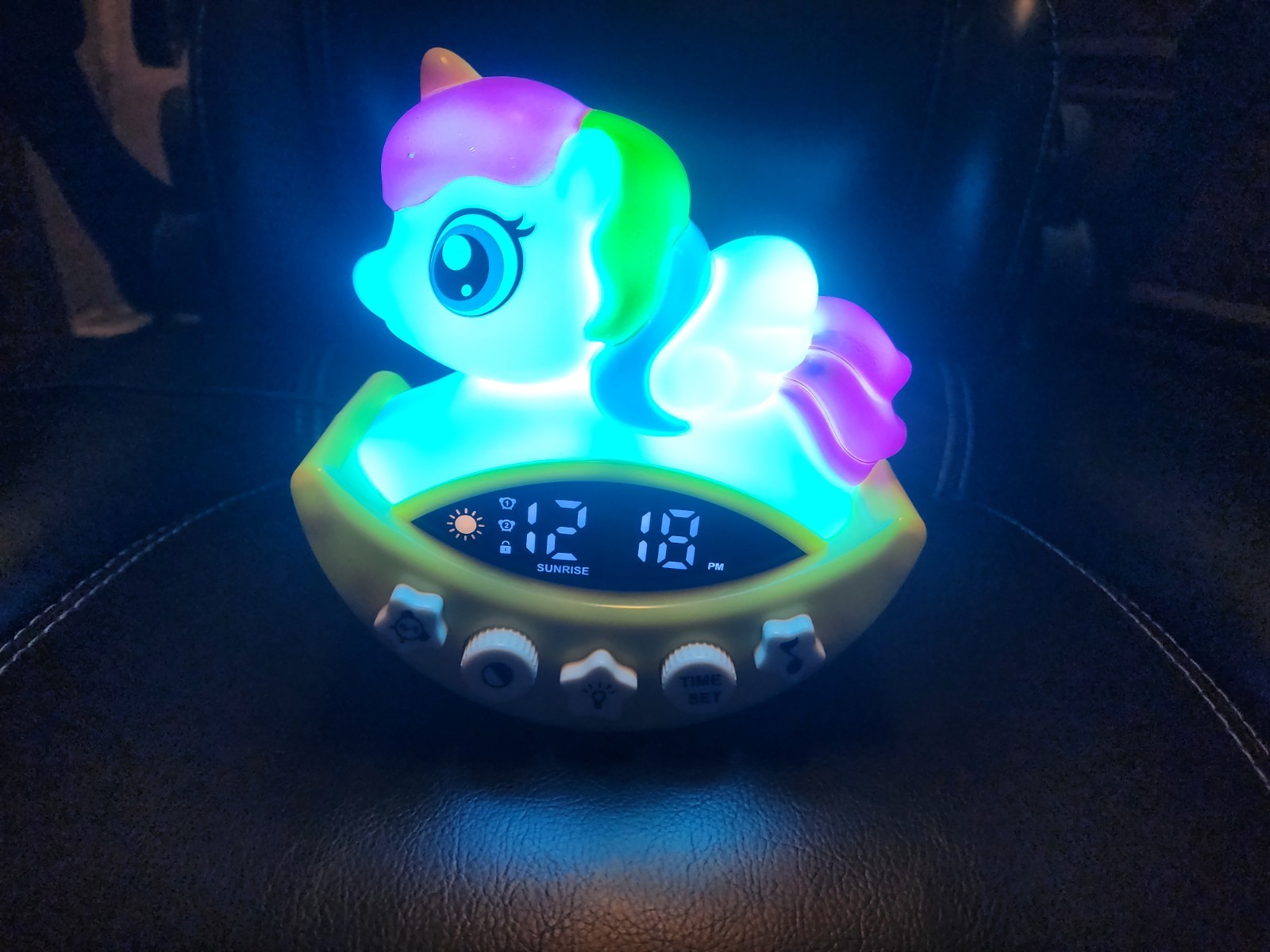 unicorn rocking dual alarm clock with nature sounds unique GLOWING atomic clock