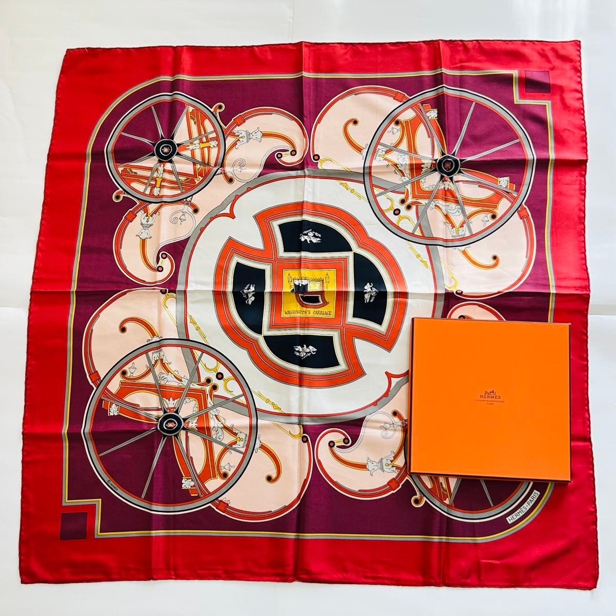 HERMES Carré 90 Large Scarf 100% Silk Washington Carriage Red Burgundy Women's