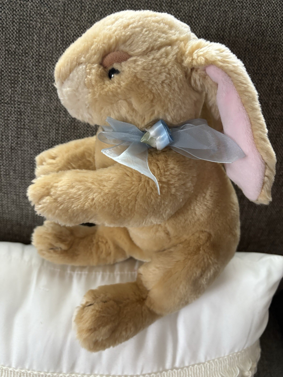 Commonwealth Easter Bunny Tan Plush Stuffed Animal 11" 2003 Blue Bow Pink Ears