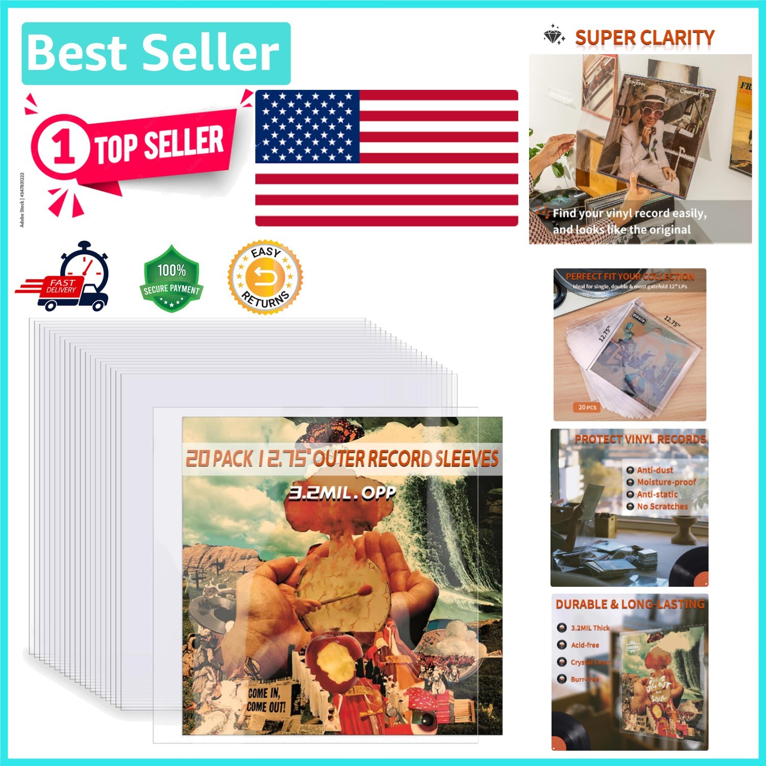 Protective 12" Vinyl Record Sleeves - 20 Clear Covers for LPs, Acid-Free