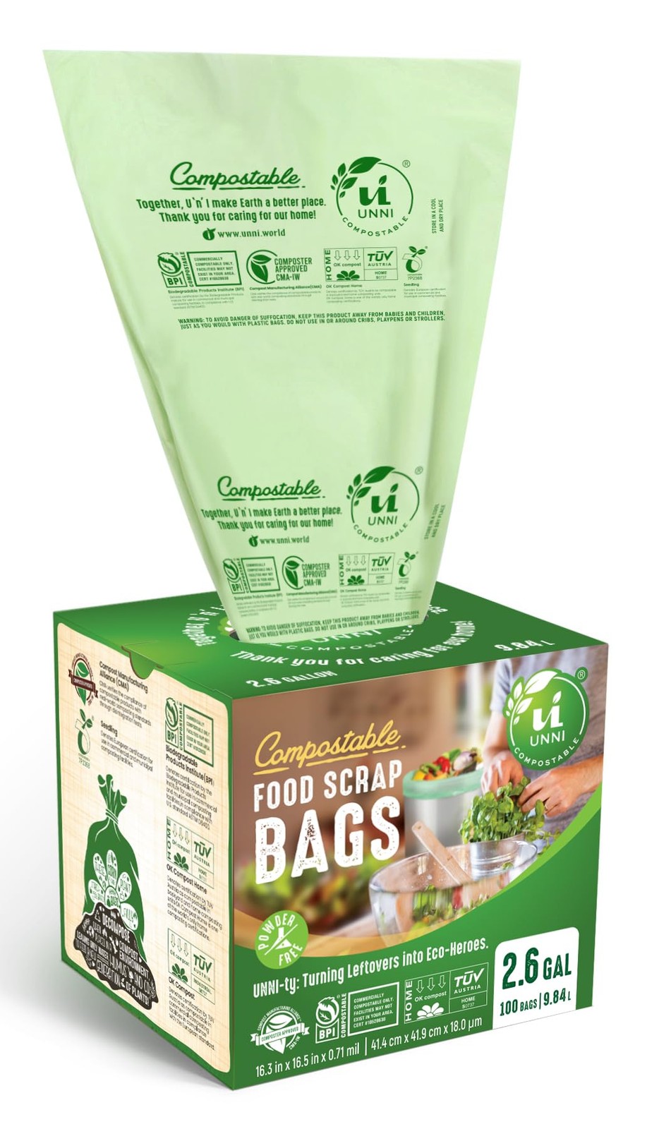 UNNI Compostable Trash Bags, 2.6 Gallon / 9.84 100 Count (Pack of 1), Green 