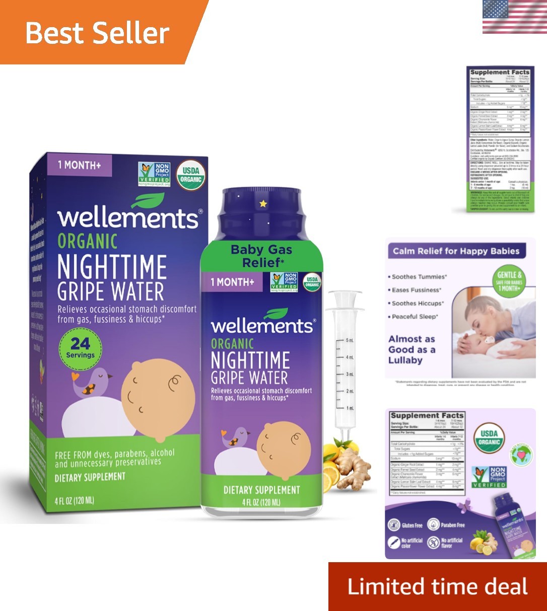 Organic Nighttime Gripe Water for Babies 1 + 4 Fl Oz - Baby Gripe Water for B...