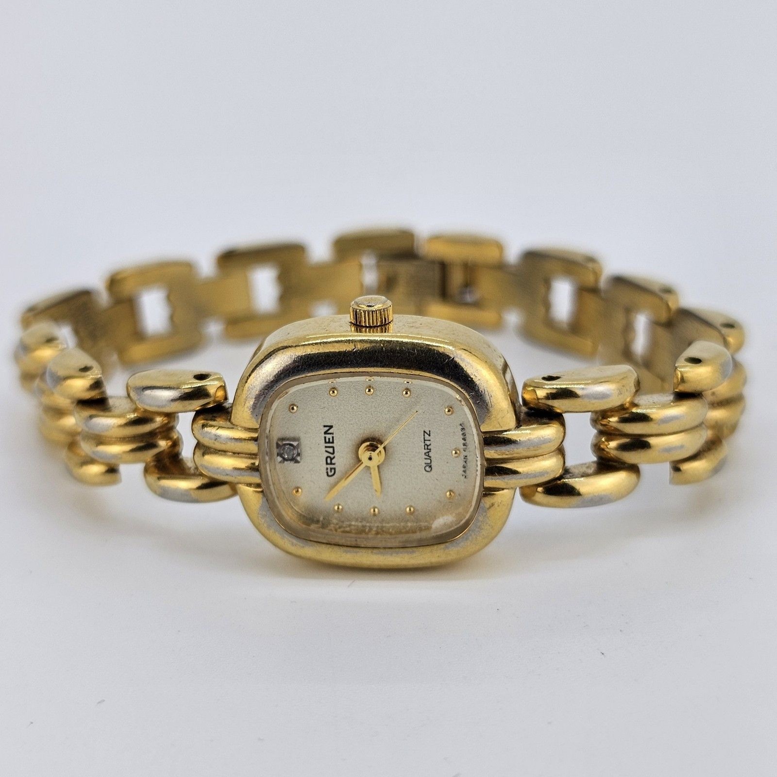 Gruen Women's Watch 18MM Gold Dial Gold Bracelet 6" New Battery