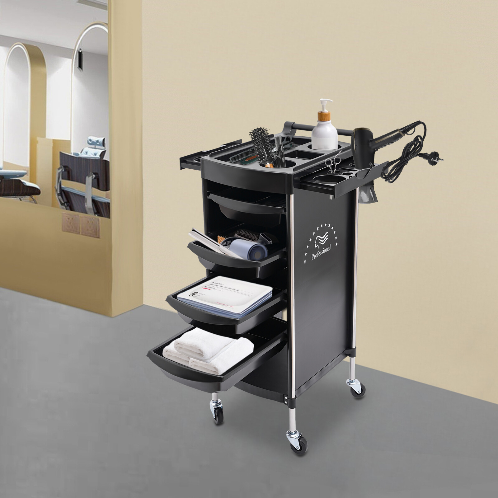 Salon Trolley Cart with Wheels, 4 Drawers + 2 Tray Holders Hair Salon Station