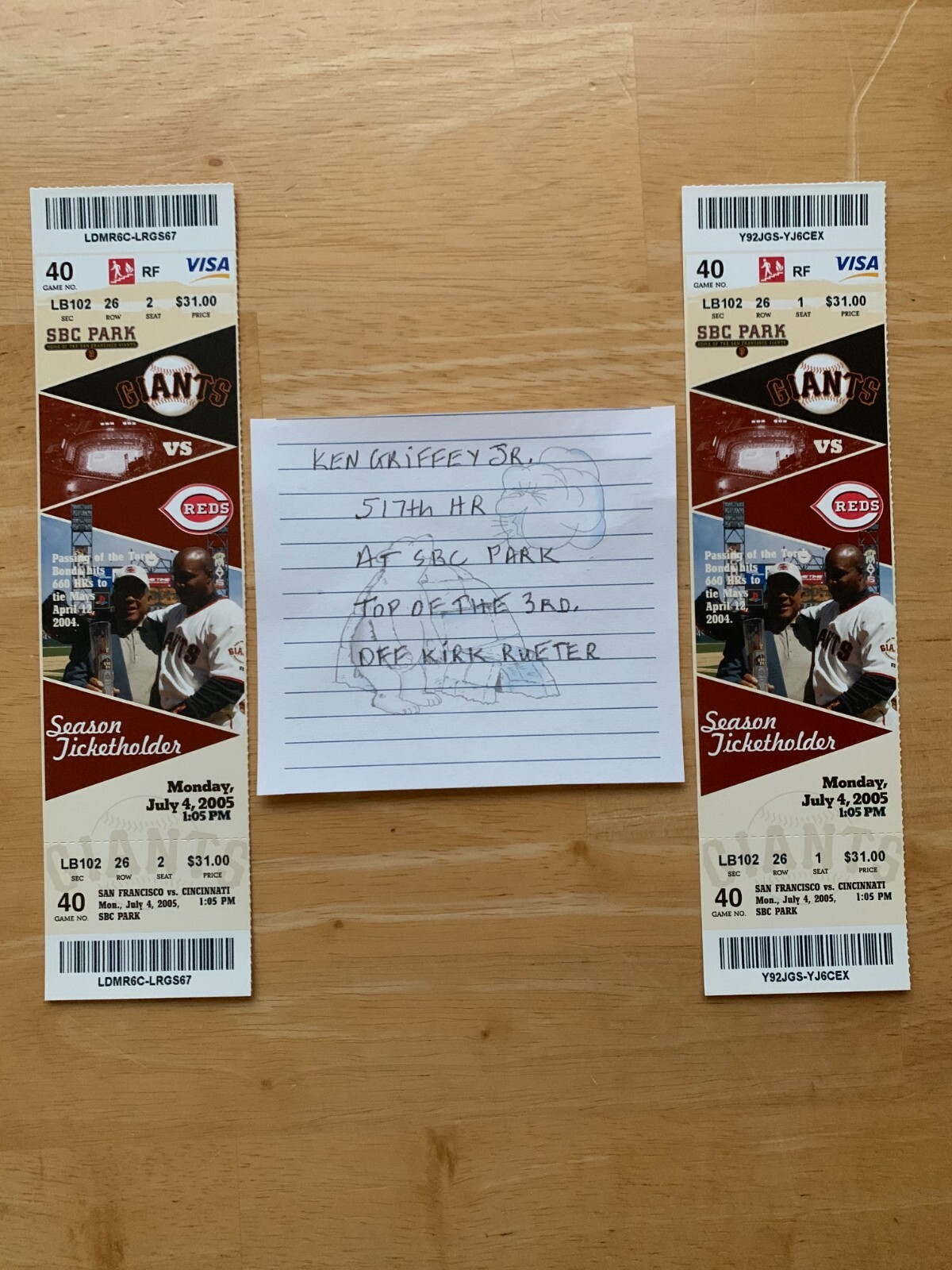 KEN GRIFFEY JR.517TH HOMERUN AT SBC PARK JULY 4TH, 2005 TICKETS (2)