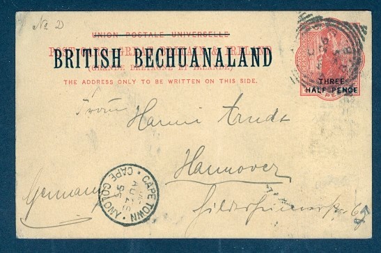 BRITISH BECHUANALAND 3P OVPT POSTAL CARD 1895 TO GERMANY